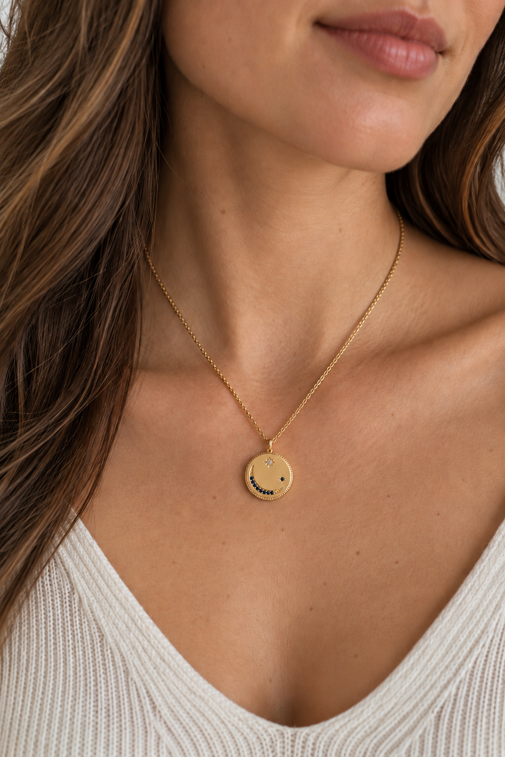 Sapphire Moon and Stars Necklace | 14k Gold, Sapphire and Diamonds