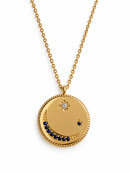 Sapphire Moon and Stars Necklace | 14k Gold, Sapphire and Diamonds