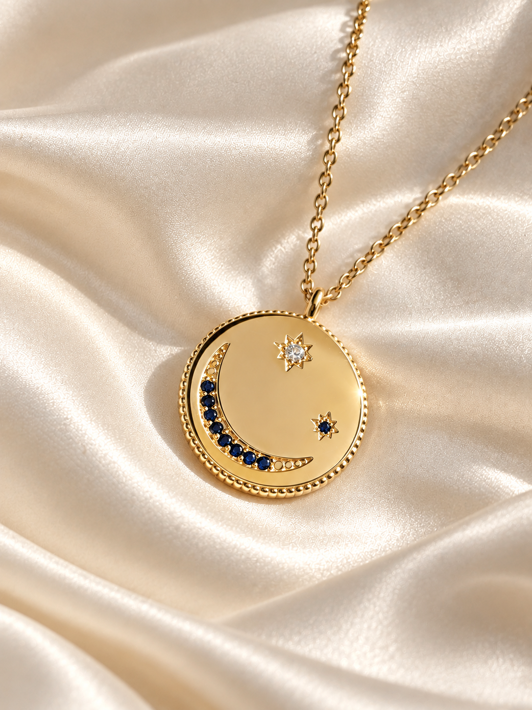 Sapphire Moon and Stars Necklace | 14k Gold, Sapphire and Diamonds