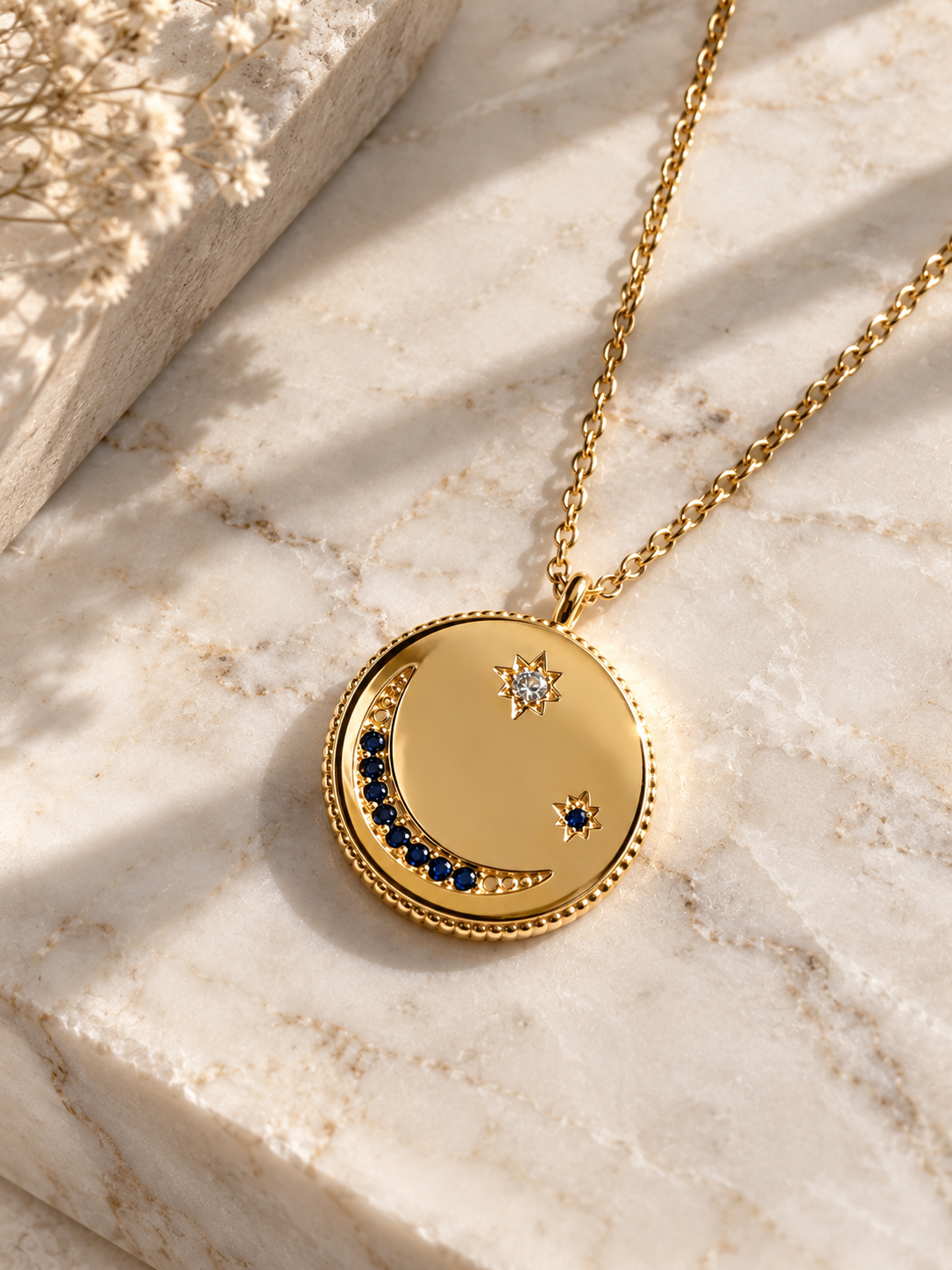 Sapphire Moon and Stars Necklace | 14k Gold, Sapphire and Diamonds