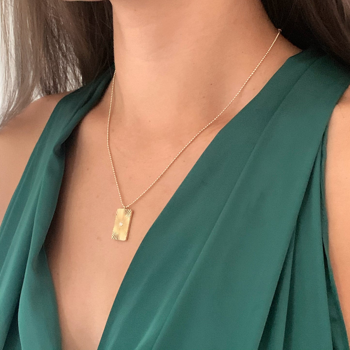 Rectangle Starburst Medallion Necklace | 14k Gold