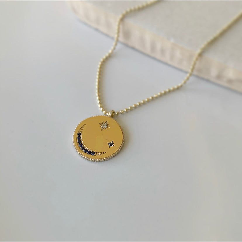 Sapphire Moon and Stars Necklace | 14k Gold, Sapphire and Diamonds