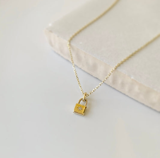 Mini Lock Necklace | 14k Gold and Diamond